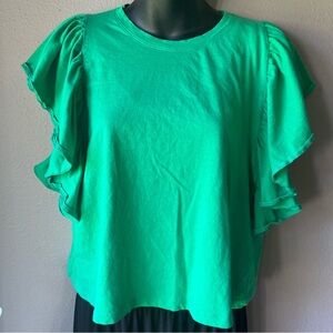 Zara Green Flutter Sleeve Blouse with Ruffled Details- Medium